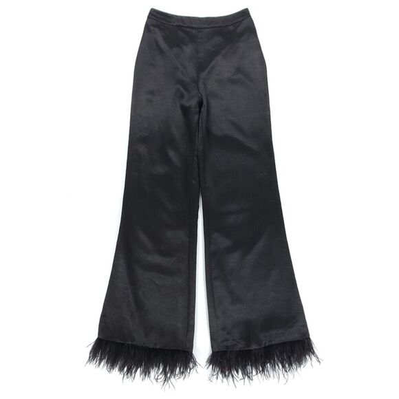 NEW House of Harlow Revolve Feather Trim Viviana Wide Leg Pant Black Satin Small